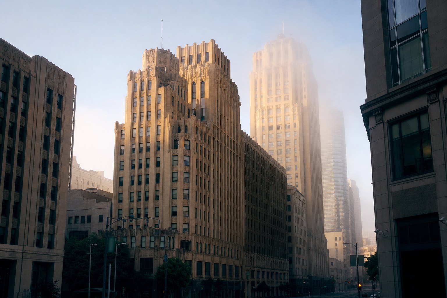 Art Deco towers near Union Square, San Francisco, in morning fog